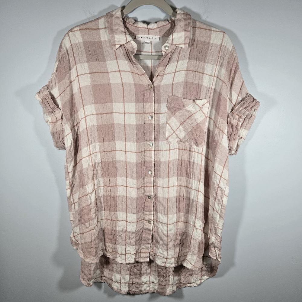 Jane & Delancey Pink Plaid Short Sleeve Button Down Top Women’s Size Large Shirt